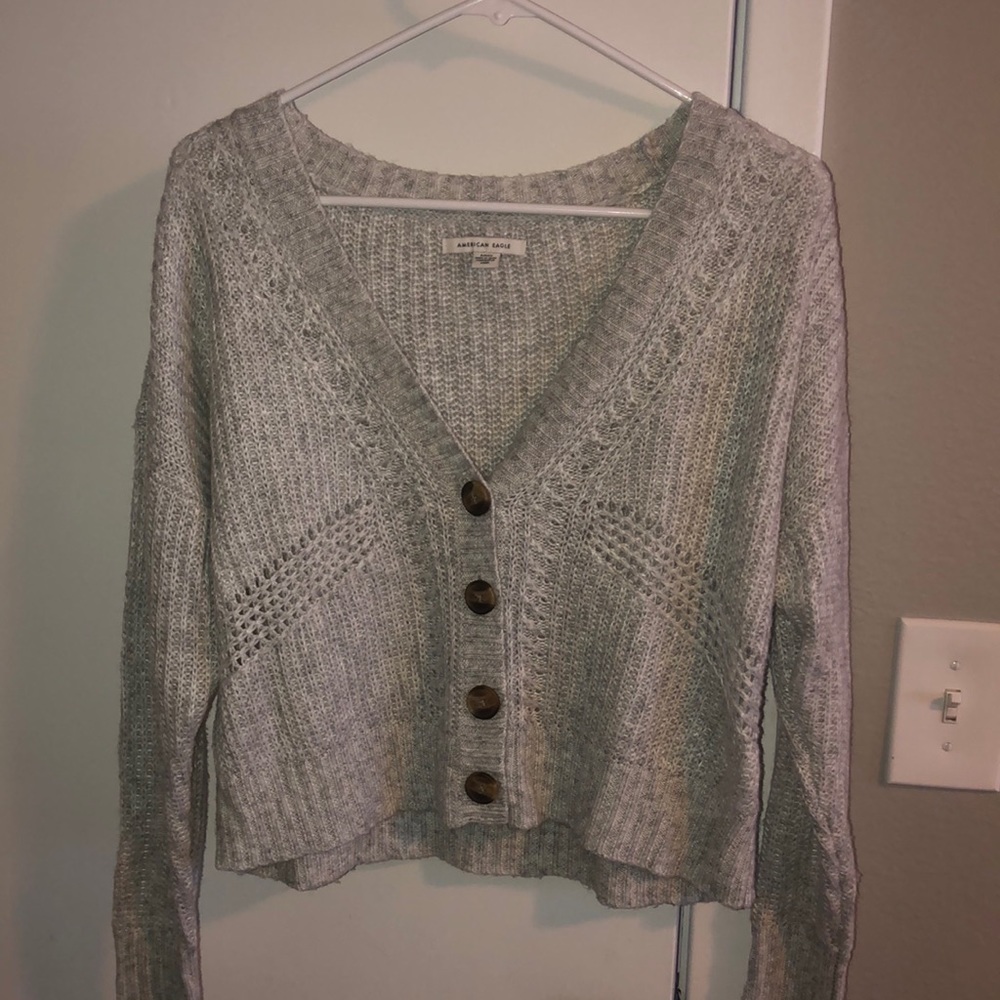AE Button Up Boxy Cropped Cardigan
